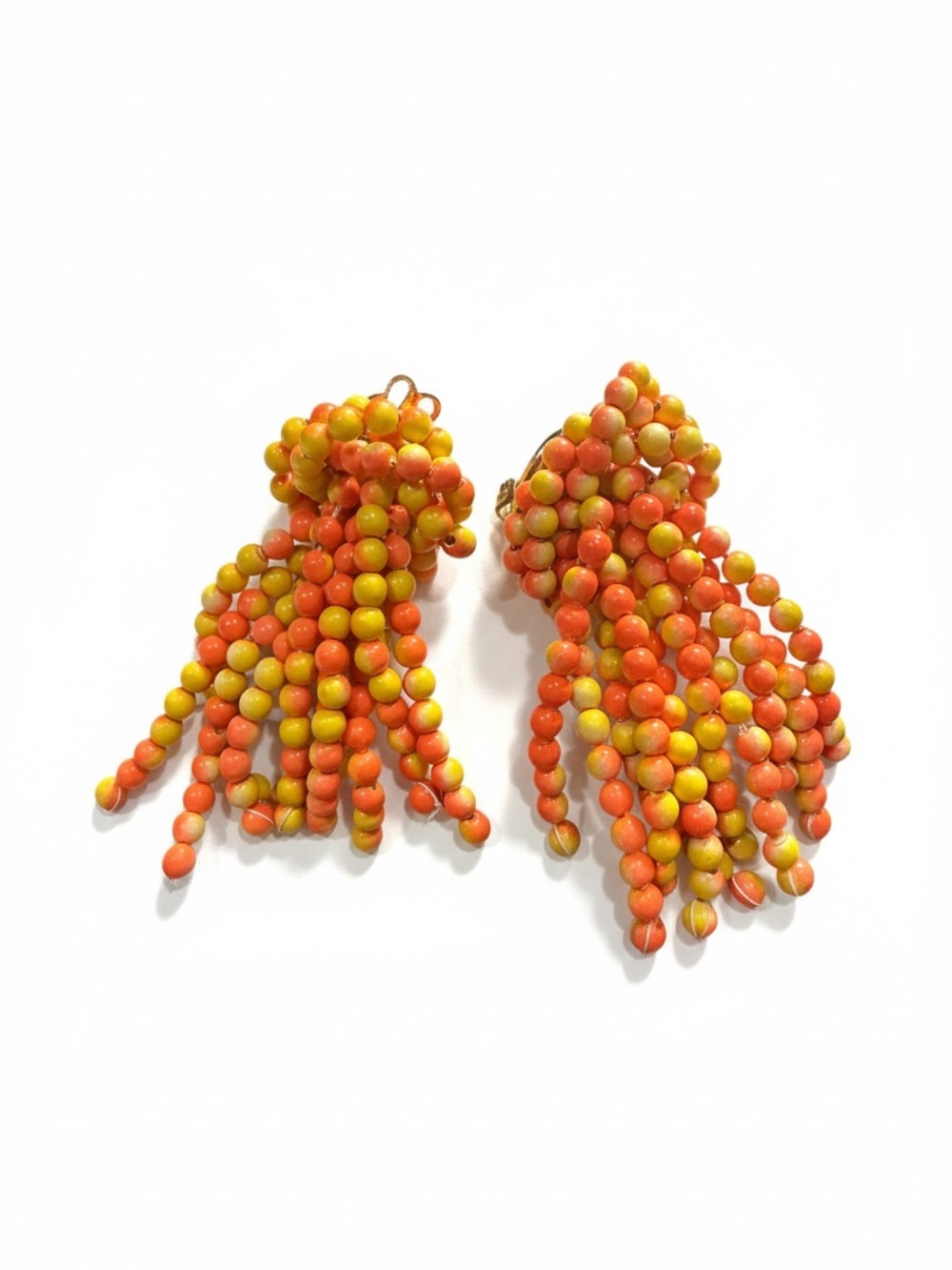 Vintage Japan Orange Yellow Beaded Waterfall Fringe Clip On Earrings